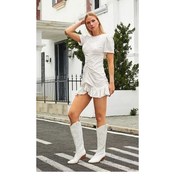 White Cowgirl Boots Embroidered Pull-On Chunky Stacked Heel Knee High SIZE 7 - Picture 5 of 6